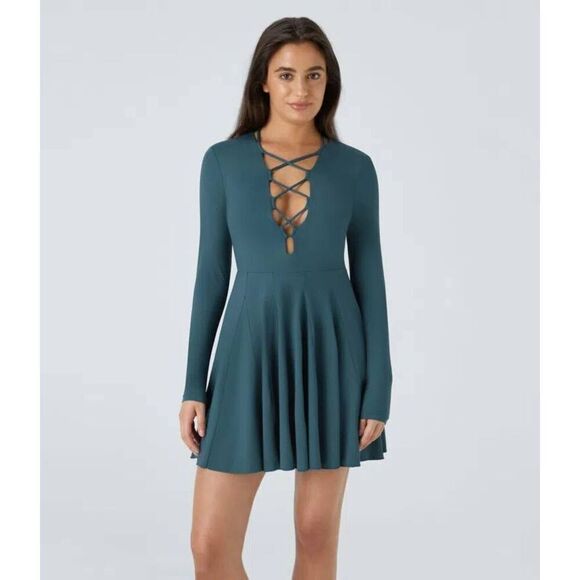 Halara Lace Up Long Sleeve Mini Dress - Picture 1 of 7